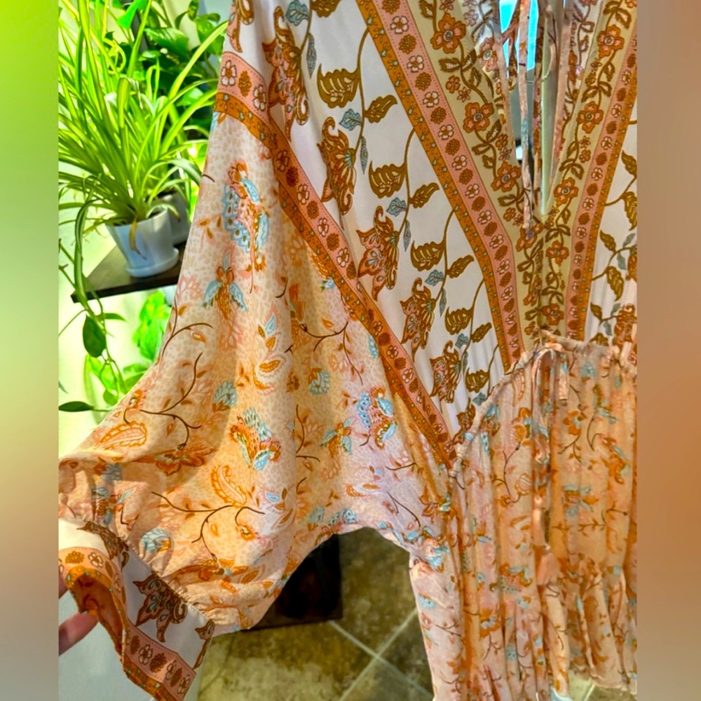 NWOT Aakaa Anthro Women’s Peach Floral Print Ruffled Kimono 3/4 Sleeve Dress L - Picture 9 of 9